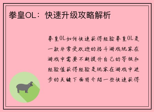 拳皇OL：快速升级攻略解析